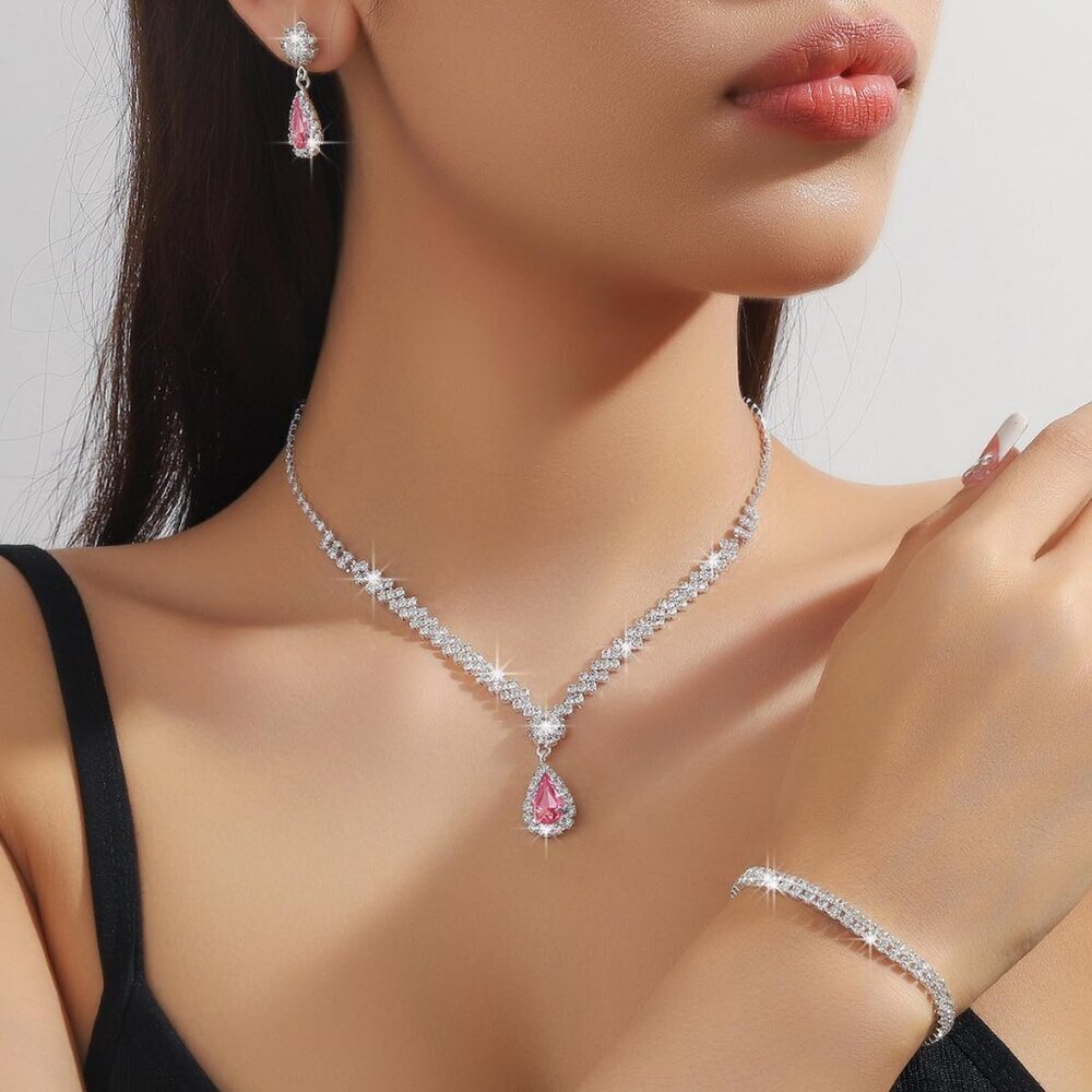 Silver Jewelry Set Prom Bridal Wedding Crystals Necklace Earrings Bracelet Women - Picture 2 of 7